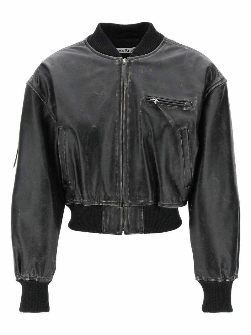 Acne Studios Women's Aged Leather Bomber Jacket With Distressed Treatment in Nero | Size 38 | A70171