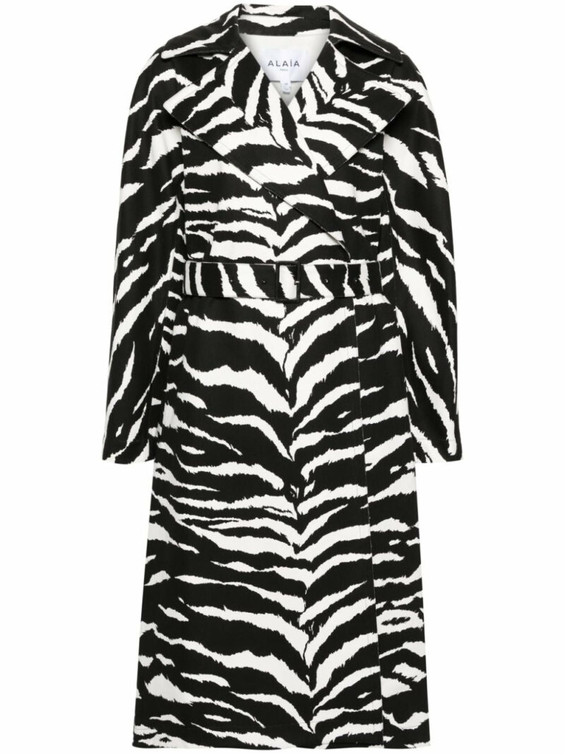 Alaïa Women's Animalier Print Denim Trench Coat in Black | Size 38 | AA9M03315T603