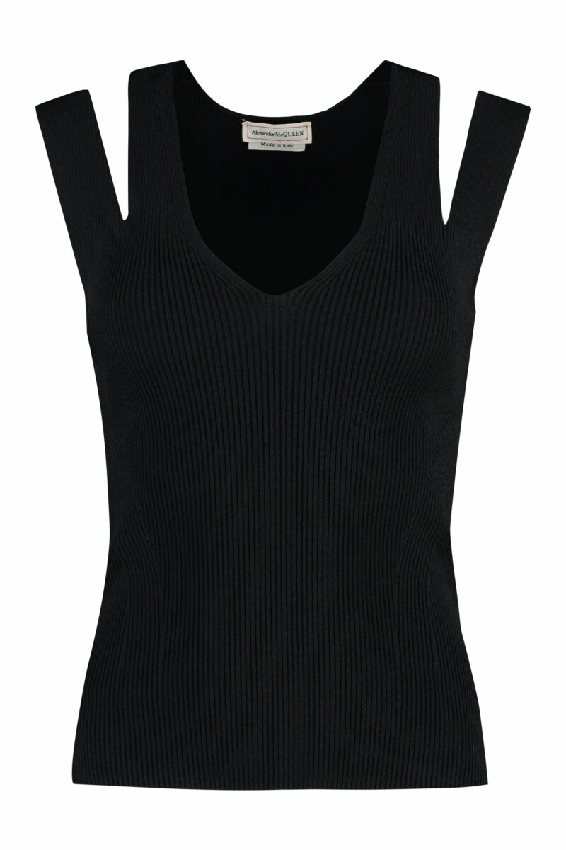 Alexander Mcqueen Women's Ribbed Knit Top in Black | Size Large | 734542Q1A5I Color 1000