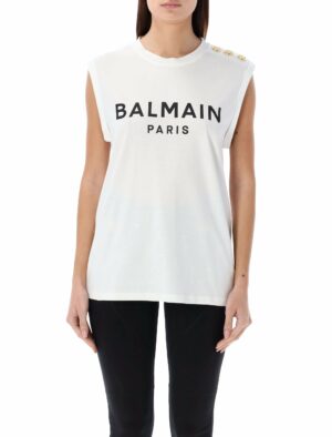 Balmain Women's 3-Button Tank Top in Bianco Nero | Size Large | 24ACF1ED001BB02 Color GAB