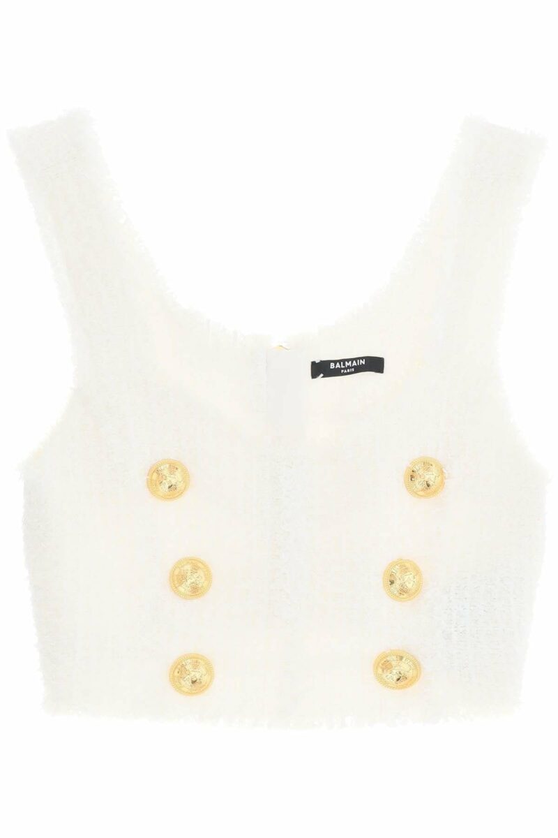 Balmain Women's Cropped Tank Top In Monochrome Tweed in White | Size 40 | BF1AB326XF91