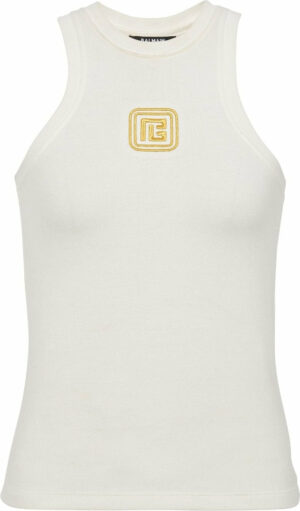 Balmain Women's Embroidered Logo Cotton Blend Top in Beige | Size Large | CF1EB045BC49GQO