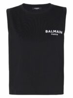 Balmain Women's Flocked Logo Cotton Top in Black | Size Small | CF1EA025BB01