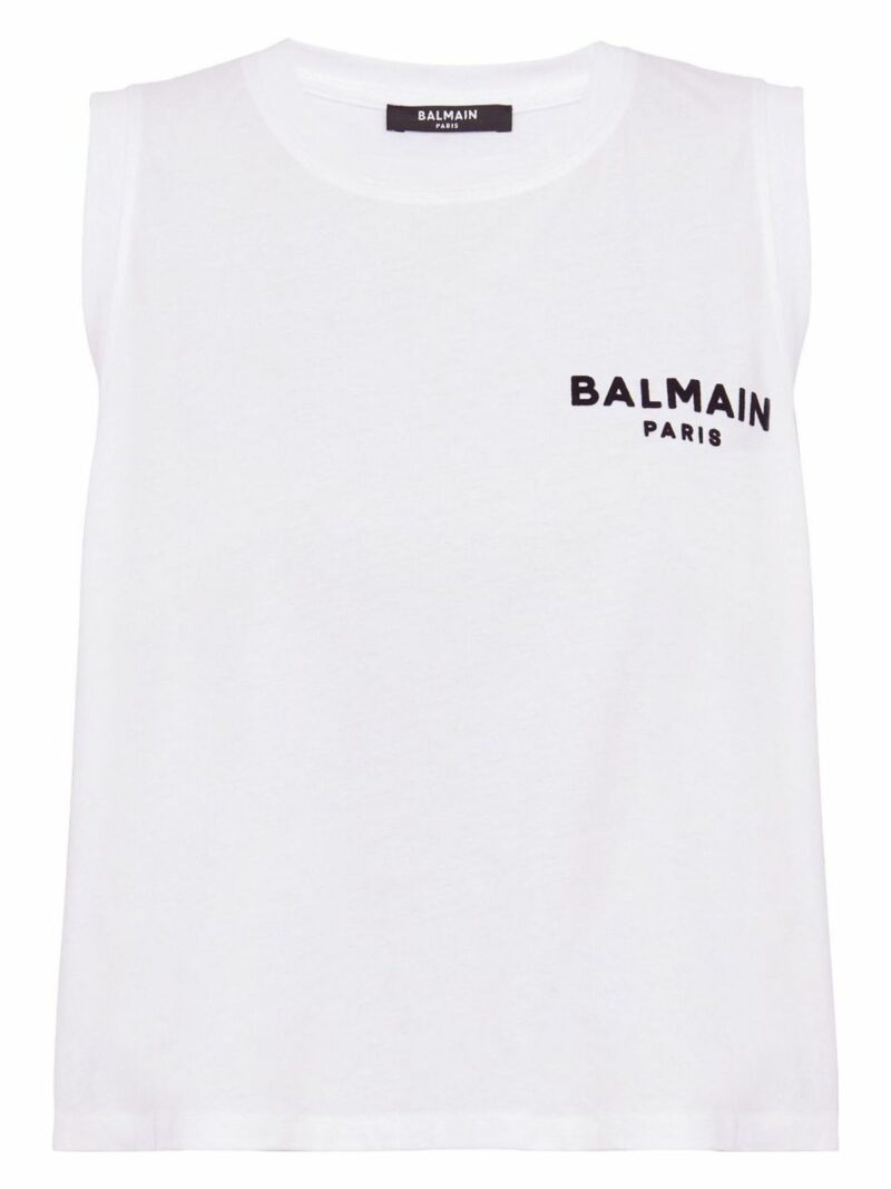 Balmain Women's Logo Flocked Cotton Top in White | Size XS | CF1EA025BB01