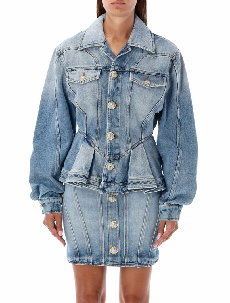 Balmain Women's Peplum Denim Jacket in Light Blue | Size 38 | 24ADF1SI560DE53 Color 6FC