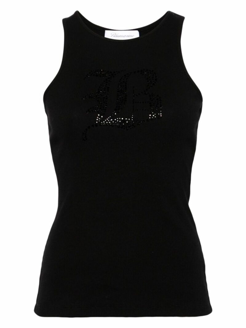 Blumarine Women's Logo Ribbed Cotton Tank Top in Black | Size Large | 2T049AN0990