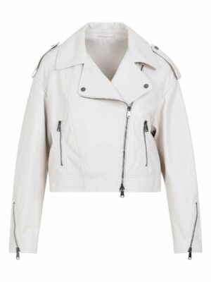 Brunello Cucinelli Women's Cropped Asymmetric Zipped Jacket in White | Size 38 | MPNGI2765