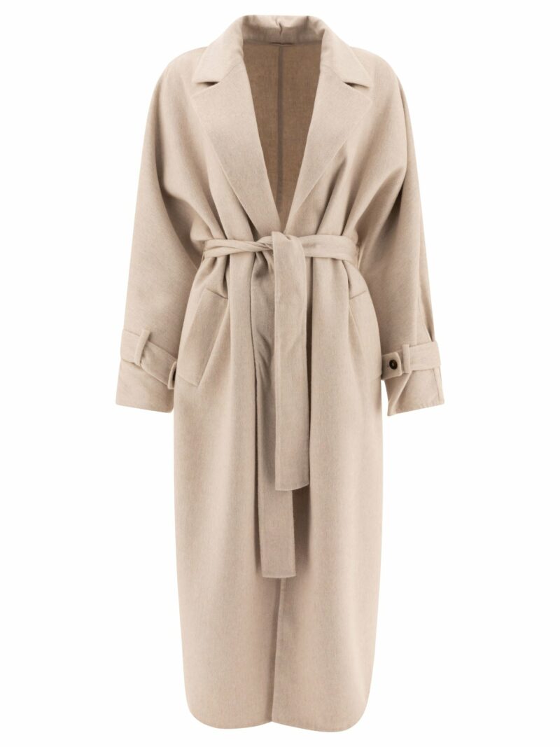 Brunello Cucinelli Women's Hand-Crafted Coat In Cashmere Double Beaver Cloth With Monili in Beige | Size 40 | MD5039797C075