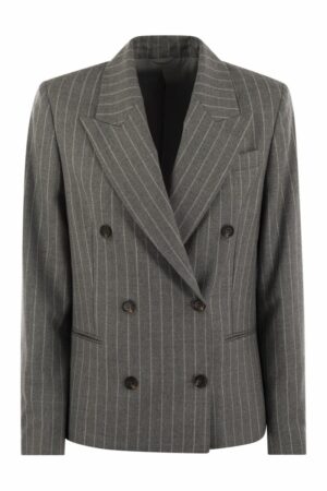 Brunello Cucinelli Women's Virgin Wool MoulinÃ© Pinstripe Jacket With Beadwork in Grey | Size 38 | MD5777060P