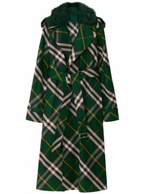 Burberry Women's Kensington Trench Coat With Check Pattern in Green | Size 6 | 8082165
