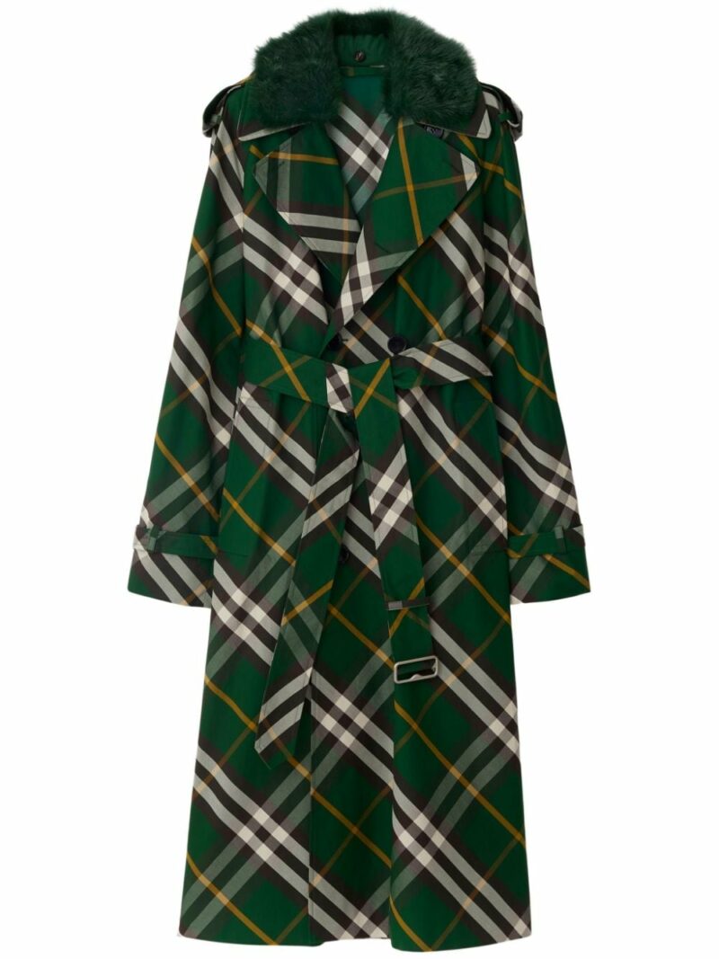 Burberry Women's Kensington Trench Coat With Check Pattern in Green | Size 6 | 8082165