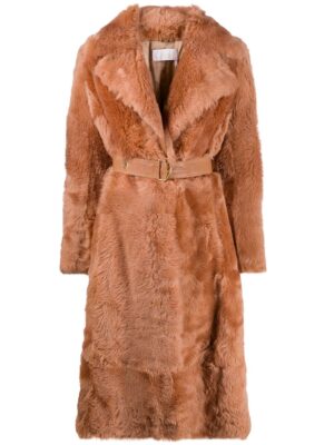 ChloÃ© Women's Belted Shearling Coat in Beigerose | Size 38 | CHC20ACM0120626G