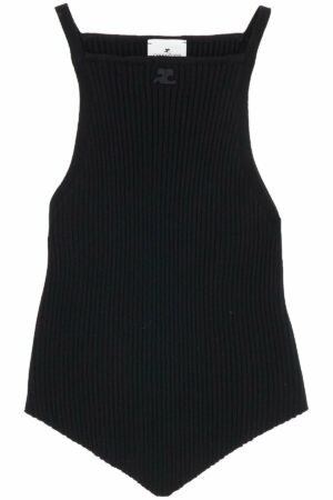 Courrèges Women's Ribbed Knit Tank Top With Pointed Hem in Nero | Size Medium | VESMTO042FI0001