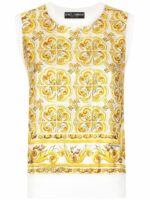 Dolce & Gabbana Women's Maiolica Print Silk Tank Top in Yellow | Size 42 | FXT06TJBSJEHG3TN