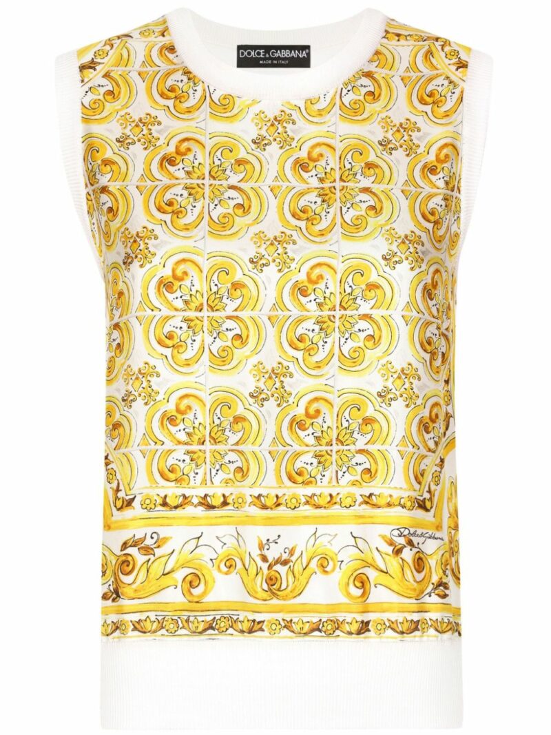 Dolce & Gabbana Women's Maiolica Print Silk Tank Top in Yellow | Size 42 | FXT06TJBSJEHG3TN