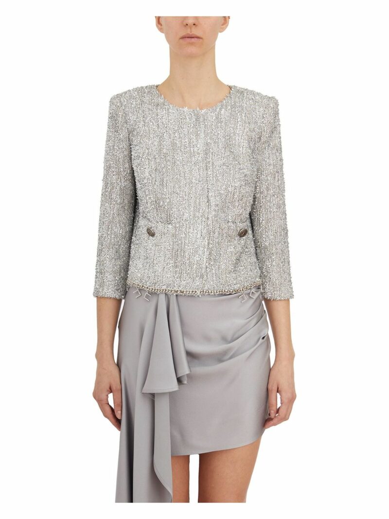 Elisabetta Franchi Women's Lurex Tweed Jacket in Silver | Size 42 | HGI07442E2900 Color Silver