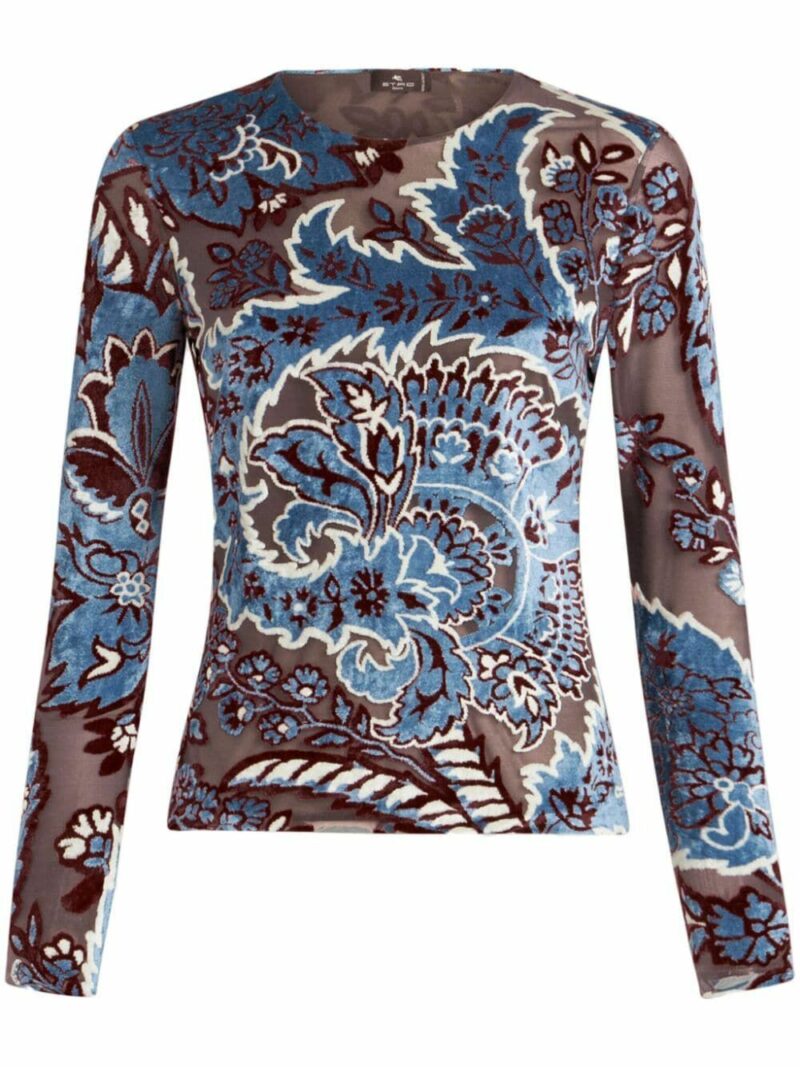 Etro Women's Tulle And Jacquard Velvet Top in Blue | Size 44 | WRJA003899JJD03