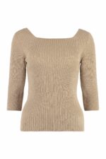 Fendi Women's Ribbed Knit Top in Beige | Size 42 | FZX979ANJB Color F1KE0