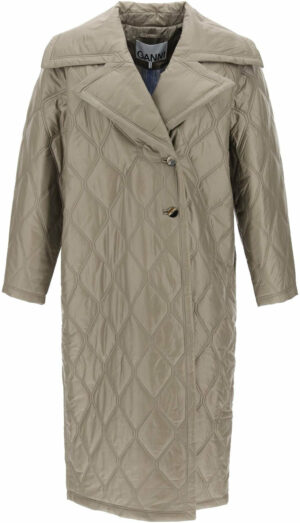 Ganni Women's Quilted Oversized Coat in Khaki | Size 34 | F8577