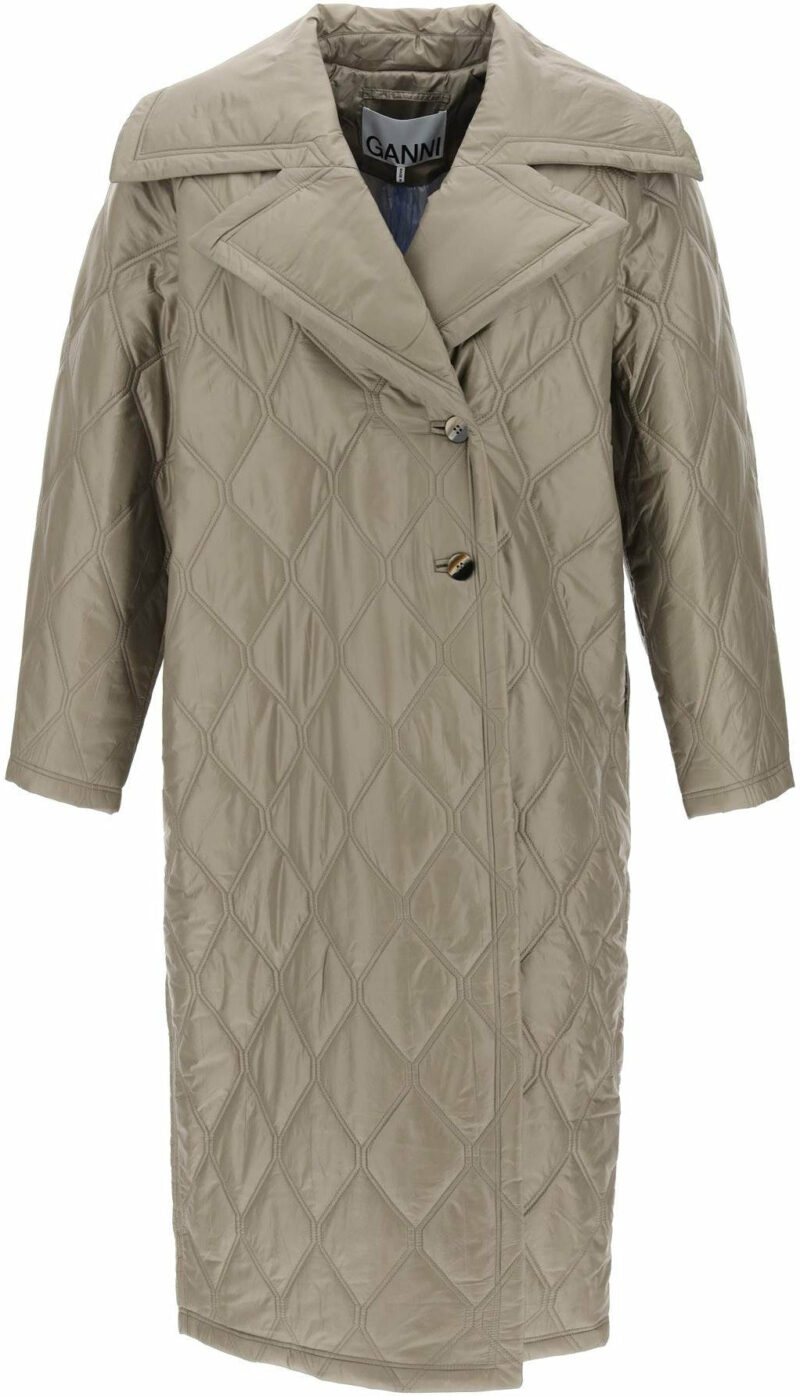 Ganni Women's Quilted Oversized Coat in Khaki | Size 34 | F8577