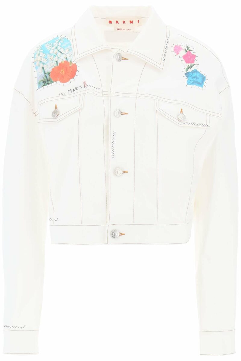 Marni Women's Cropped Denim Jacket With Flower Patches And Embroidery in Bianco | Size 42 | GIJD0236SXUTC341