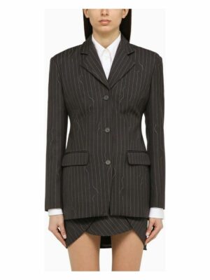 Off-White Women's Single-Breasted Pinstripe Jacket In Wool Blend in Grey | Size 40 | OWEF123S24FAB003