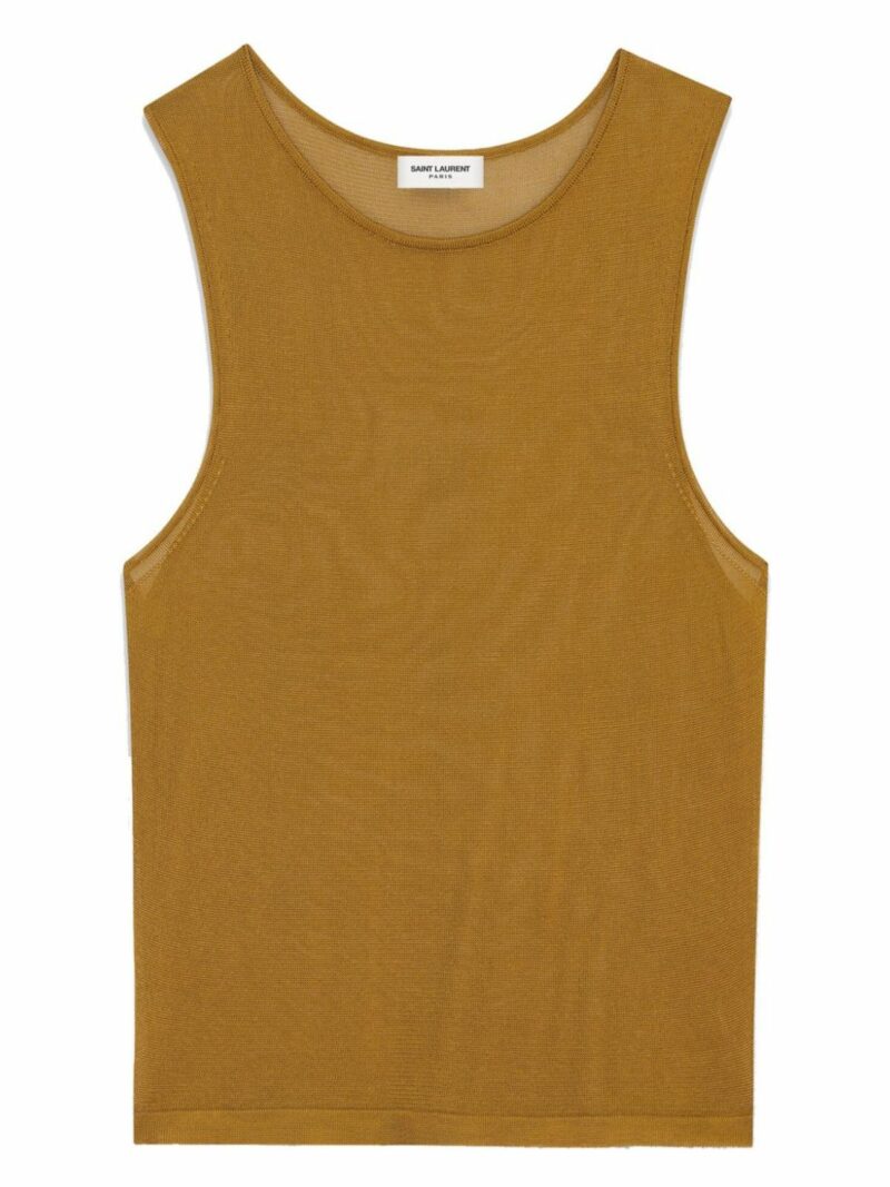 Saint Laurent Women's Cropped Knitted Camel Tank Top in Brown | Size Medium | 776573Y75ZA