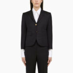 Thom Browne Women's Single-Breasted Cropped Jacket In 120's Wool in Blue | Size 40 | FBC010V00626