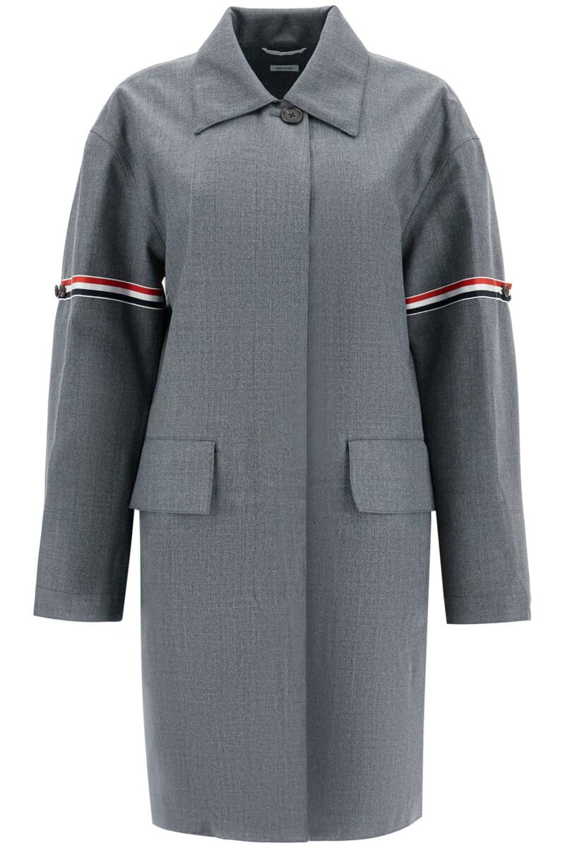 Thom Browne Women's Waterproof Technical Wool Coat With Rwb Stripes in Grey | Size 42 | FOC859OF0696