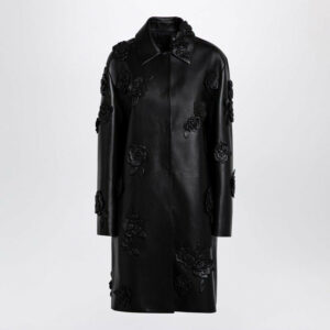 Valentino Women's Leather Coat With Embroidery in Black | Size 42 | 5B3NBAI08LV