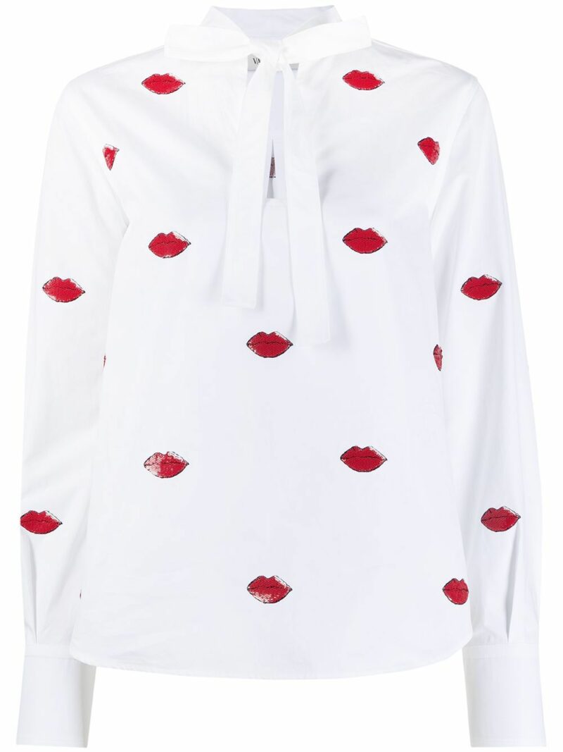 Valentino Women's Top Ricamato Top in Bianco/Rosso | Size 42 | VB3AE5G05DNA33