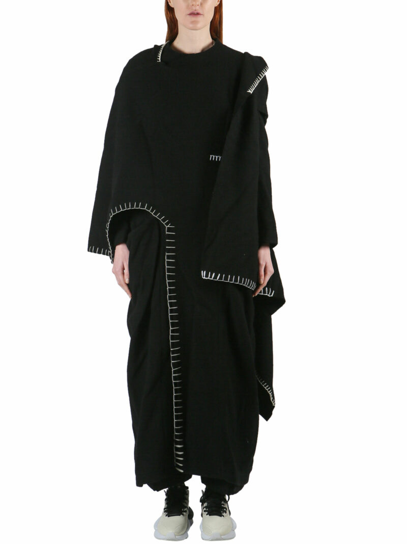 Yohji Yamamoto Women's Long Wool Coat With Stitching in Black | Size 2 | YFCD25109 Color Black